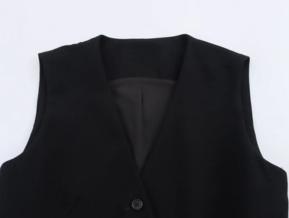 Casual Women Solid Tops Asymmetric V-Neck Single Breasted Pockects Sleeveless Vest Fashion 2025 Autumn Blazer Tops
