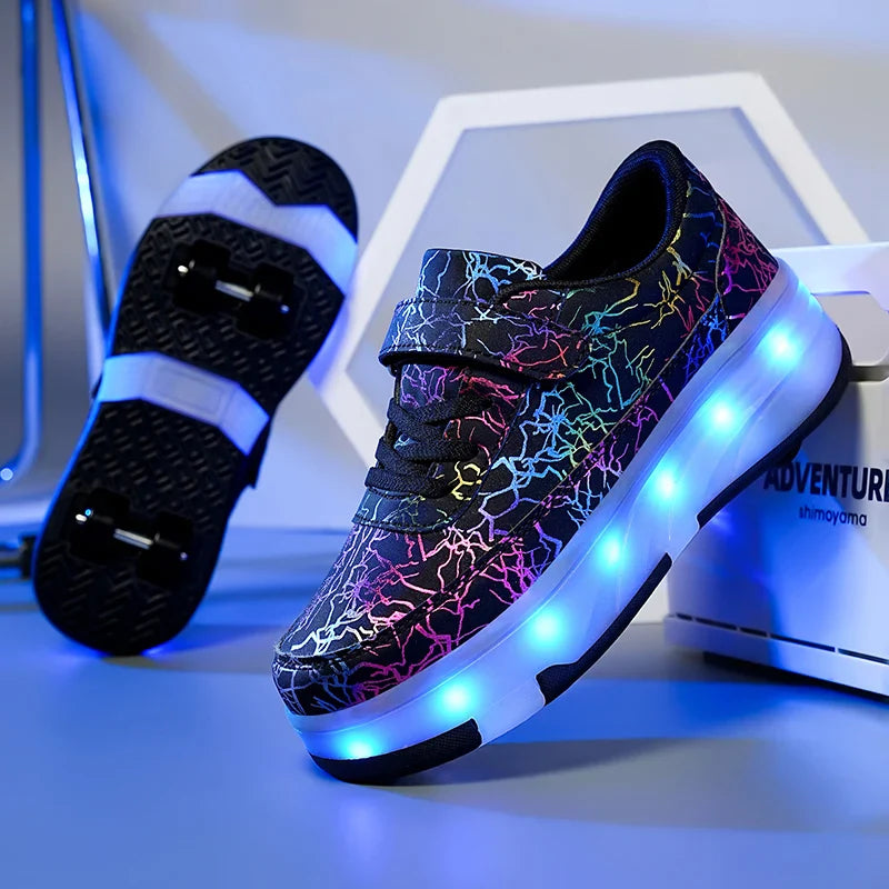 4 Wheel Dual-Use Roller Skates with Detachable Wheels ,Sneakers with LED Boys Girls Shoes with Wheels,Speed Skate Sizes 29-42