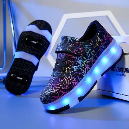 4 Wheel Dual-Use Roller Skates with Detachable Wheels ,Sneakers with LED Boys Girls Shoes with Wheels,Speed Skate Sizes 29-42