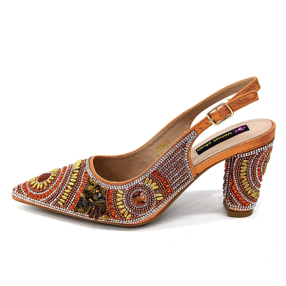 2025 Moda Mais Recente Chegada Laranja Ponta Fina Sandálias Femininas Sapatos com Bolsa Conjunto para Senhoras Festa de Casamento Salto