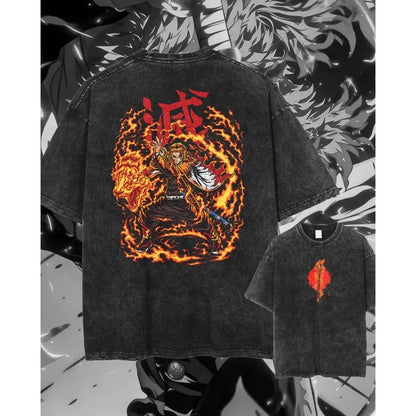 2025 Summer Men's Washes T-shirts Japanese Anime Demon Slayer Kyoujurou Graphic Clothing Harajuku Y2K Oversized Pure Cotton Tops