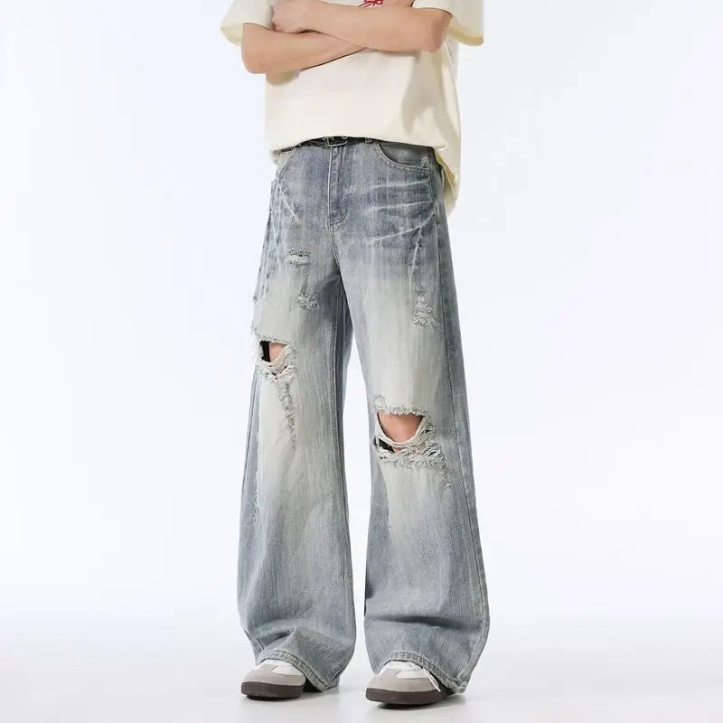 Male Ripped Pants Stretch Solid Blue Casual Men's Wide Leg Trousers Office Work Denim Pants Autumn Korean Vintage Straight Pants