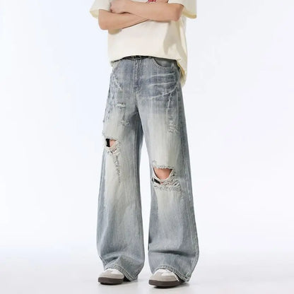 Male Ripped Pants Stretch Solid Blue Casual Men's Wide Leg Trousers Office Work Denim Pants Autumn Korean Vintage Straight Pants