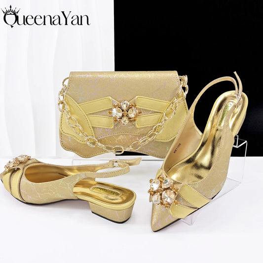 New Summer Collection Stylish Italian Women’s Shoes and Bag Set Gold Colour Comfortable Low Heels With Rhinestone