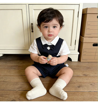 Baby Boys Gentleman 2pcs Overalls Set Bow Tie White Shirt+Suspender Shorts 1st Birthday Outfits Kids Handsome Suit