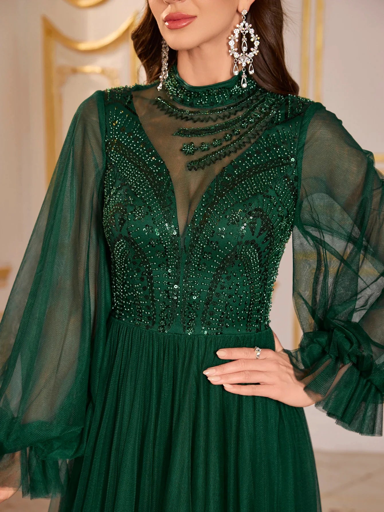 Women's Round-Neck Lantern Sleeve Beads Patchwork Mesh Fabric Evening Dress