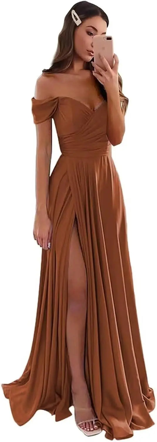 Women's Satin Prom Dresses Long Slit Formal Dresses Off Shoulder Evening Wedding Party Gowns Ruched Sweetheart Lace up Back