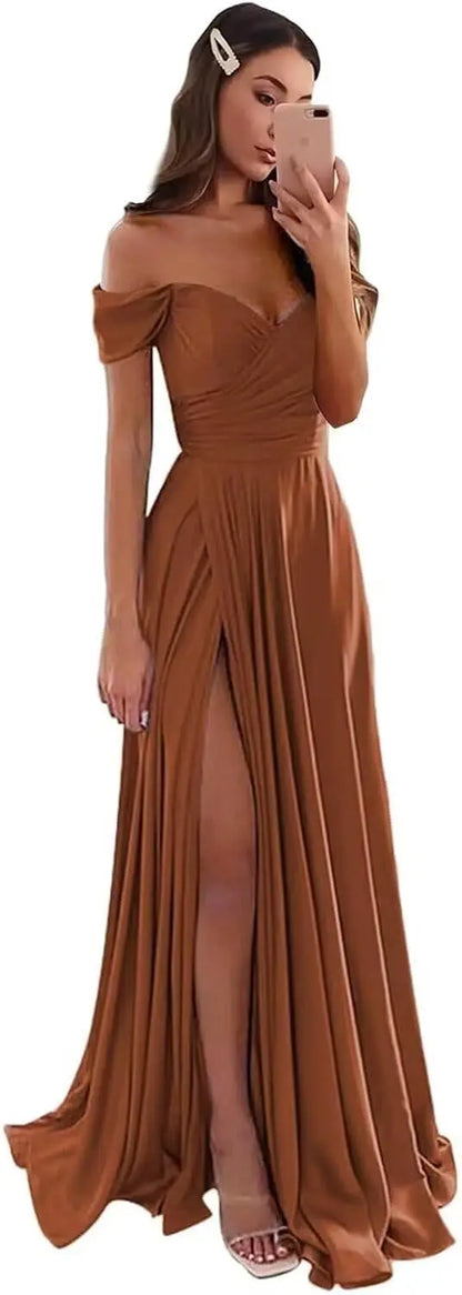 Women's Satin Prom Dresses Long Slit Formal Dresses Off Shoulder Evening Wedding Party Gowns Ruched Sweetheart Lace up Back