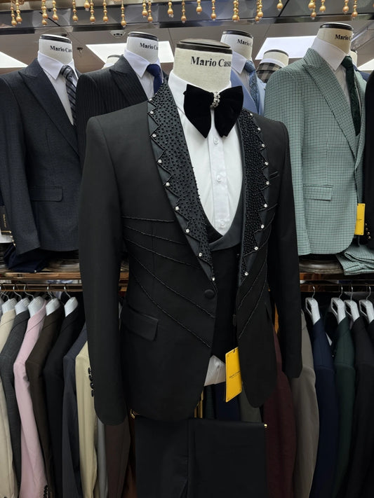 Charming Black Beaded Luxurious Men's Suit Customized Celebrity Popular Groom Wear Decent Jacket Vest Pants Date Set Hot Sale