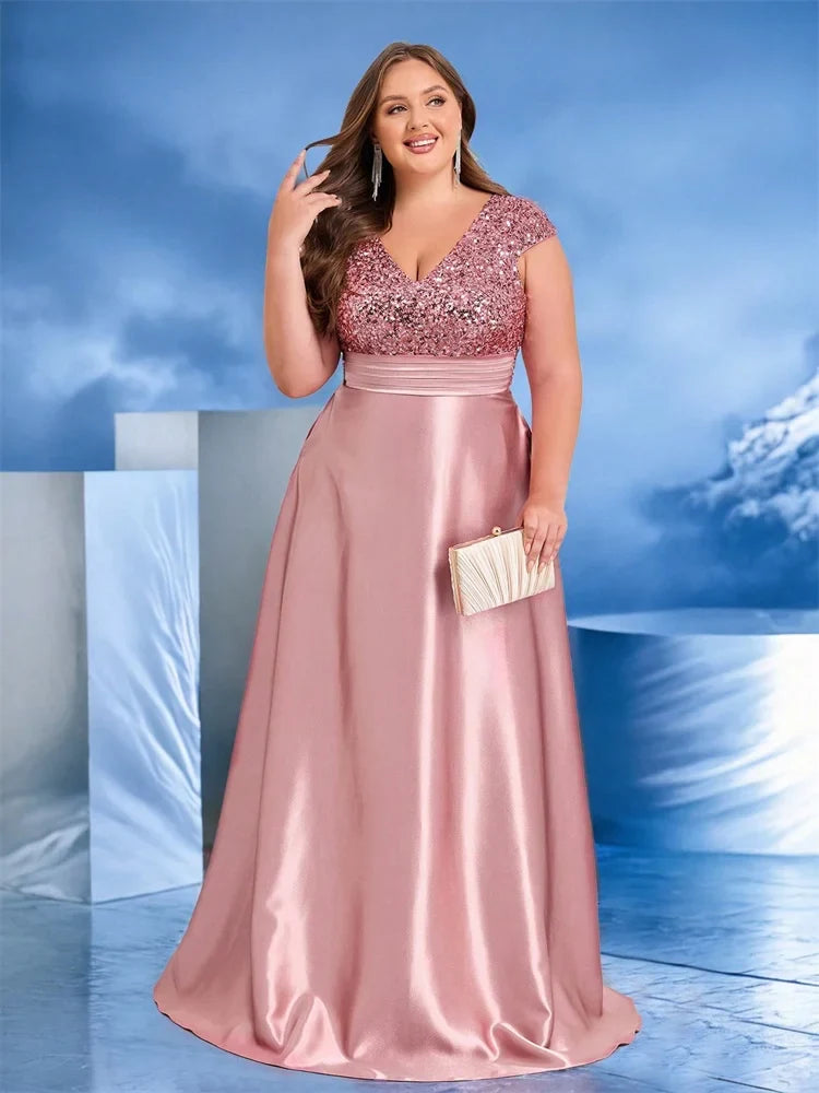Plus Size Elegant V-Neck Green Sequin Evening Dress Long Luxury Women Satin Short Sleeves Party Prom Cocktail Prom