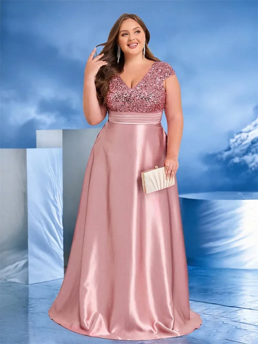 Plus Size Elegant V-Neck Green Sequin Evening Dress Long Luxury Women Satin Short Sleeves Party Prom Cocktail Prom