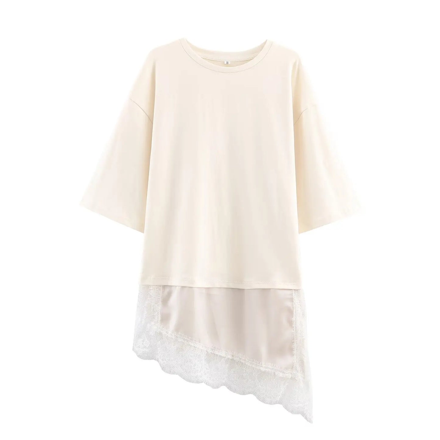 Lace Splice Asymmetry T-shirt  Women Fashion Autumn Winter O-neck loose Tee Top Chic Female Long Sleeved T-Shirts Mjuer