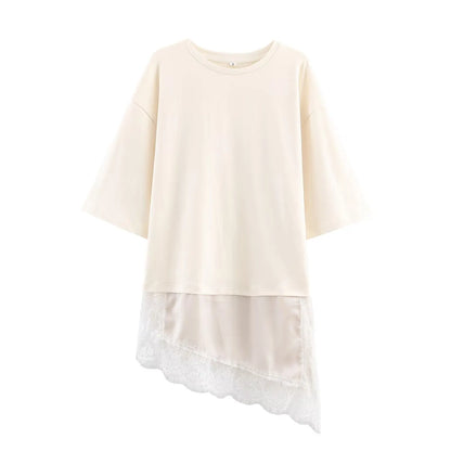 Lace Splice Asymmetry T-shirt  Women Fashion Autumn Winter O-neck loose Tee Top Chic Female Long Sleeved T-Shirts Mjuer