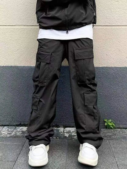 Men's Spring and Autumn Multi-Pocket Cargo Pants with Elastic Waistband and Drawstring Adjustment, Solid Color Multi-Pocket Long Pants Suitable for Outdoor Sports and Leisure