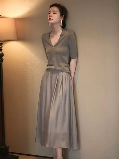 French fashion senior sense half skirt women's summer small A-line silk skirt thin high waist knitted slimming long skirt