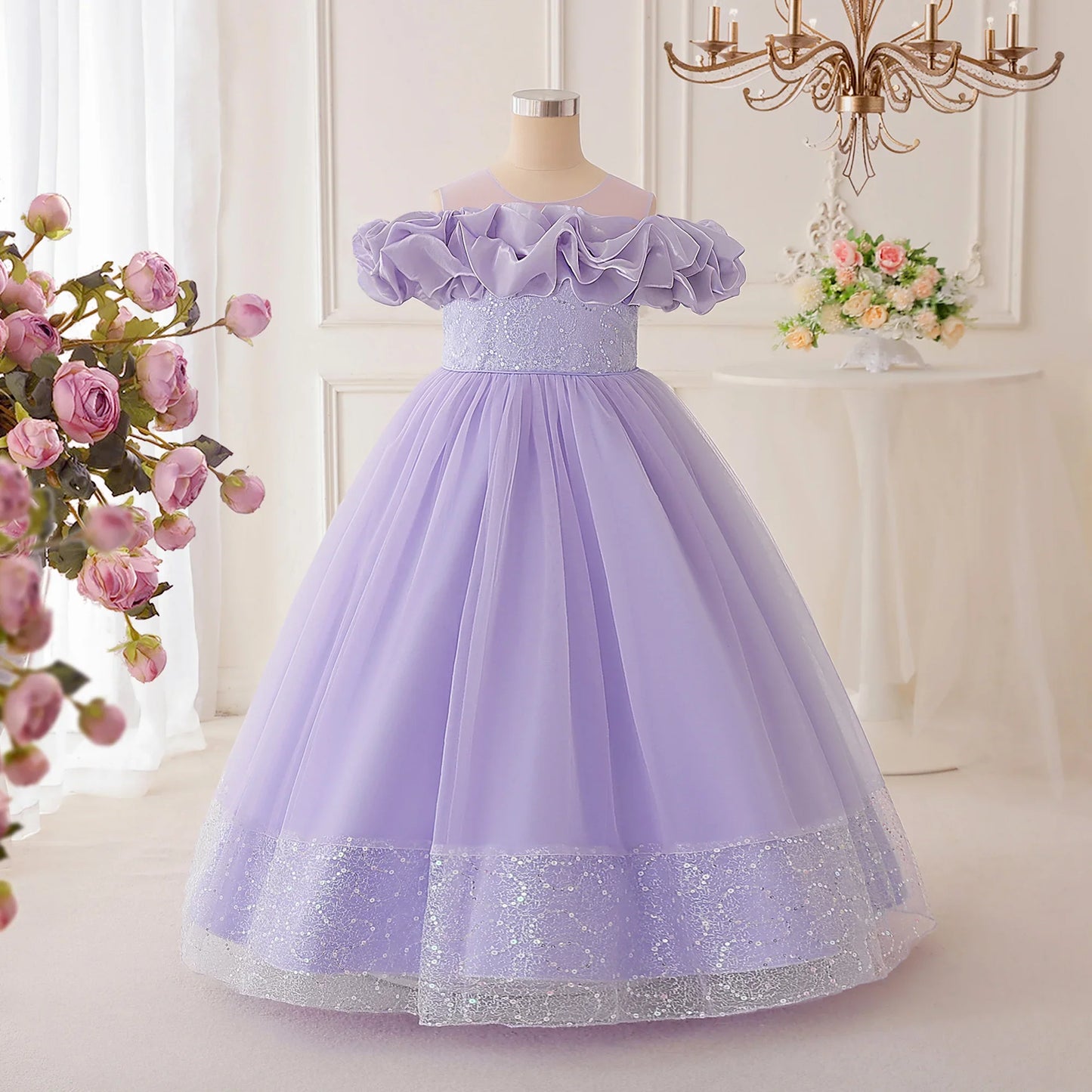 Summer Flower Bridesmaids Party Girls Dress Elegant Sequin Tulle Wedding Princess Prom Dresses for Girl Birthday Evening Costume