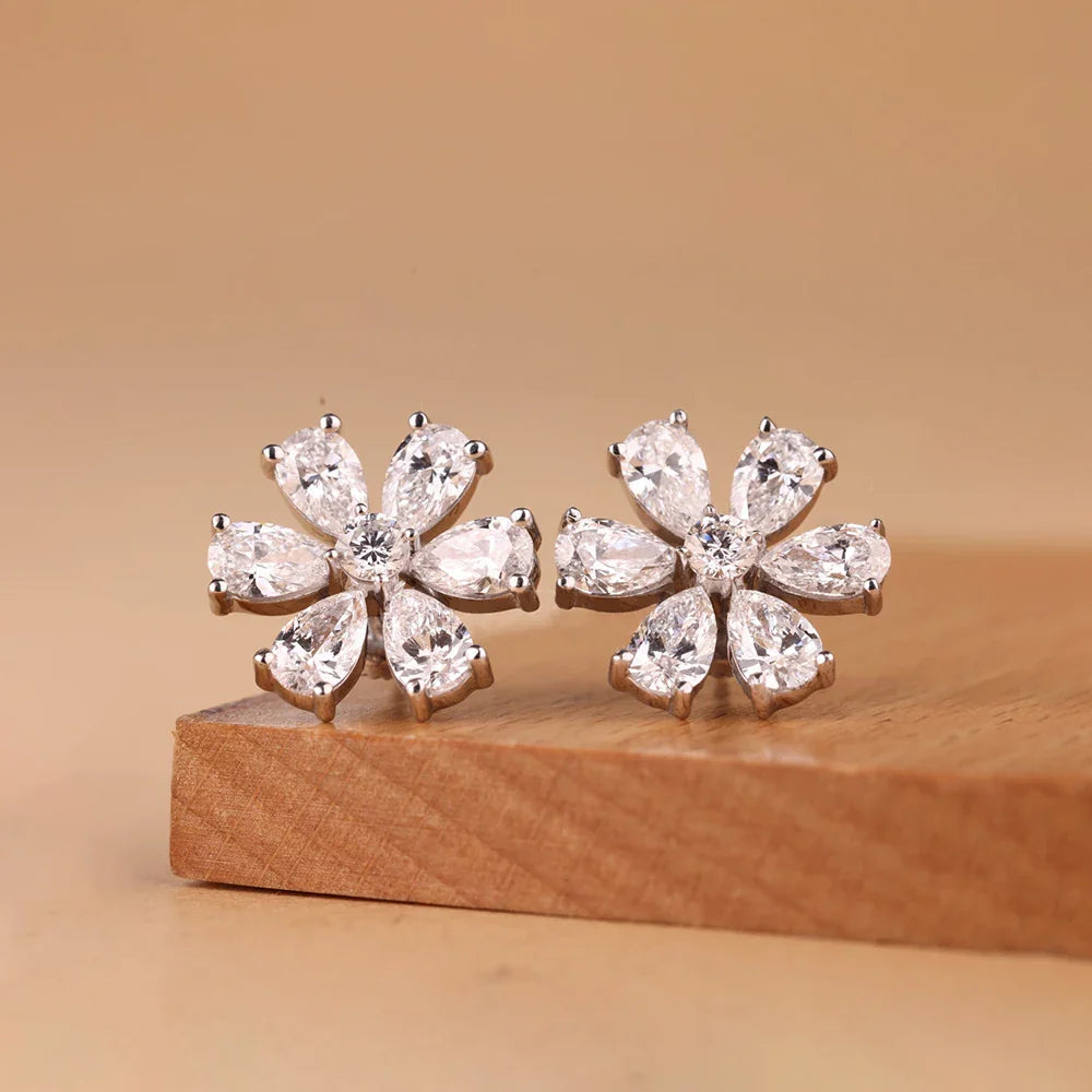 Cluster Flower Full Moissanite Stud Earrings for Women Pear Cut Lab Diamond Earring 925 Sterling Silver Ear Studs Fine Jewelry