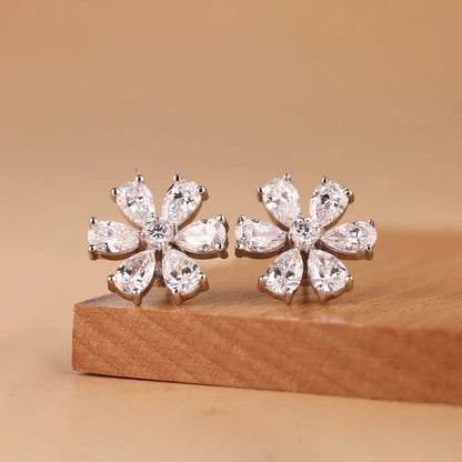 Cluster Flower Full Moissanite Stud Earrings for Women Pear Cut Lab Diamond Earring 925 Sterling Silver Ear Studs Fine Jewelry