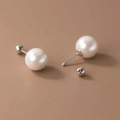 Real 925 Sterling Silver Geometric Round Bead 6/8/10/12mm Pearl Stud Earrings For Women TRENDY Fine Jewelry Accessories