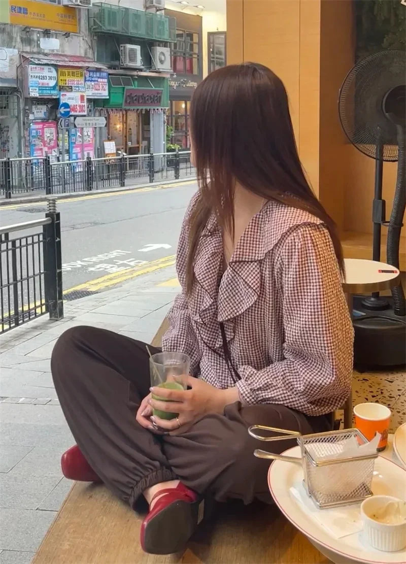 Elegant Fashion Chidori Plaid Ruffles Chiffon Shirt Spring 2025 Ruffled Neck Long Butterfly Sleeve Loose Tops Women's Clothing