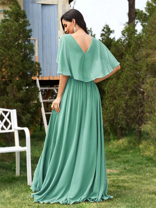 Vestidos de Noite Formais Longos de Chiffon Elegante Manga Curta 2025 Luxo Feminino Madrinha Festa Vestido Coquetel Formatura