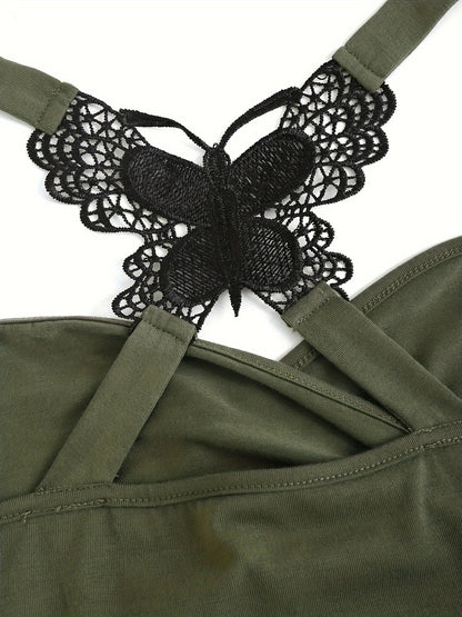 New European and American women's pleated suspenders butterfly lace cross vest in spring and summer of 2024