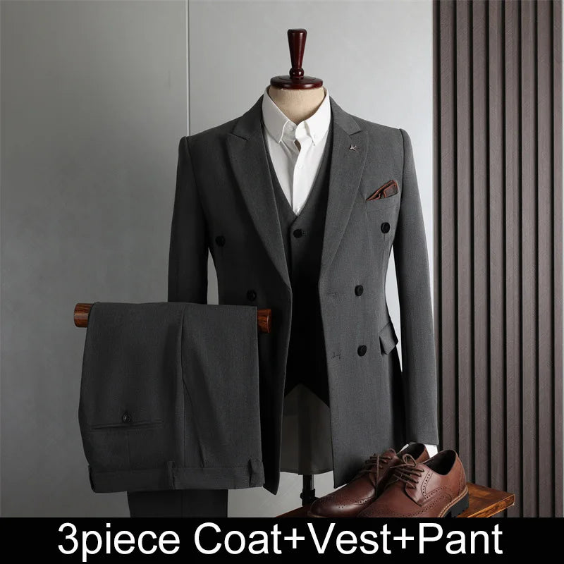 Man Suit Outfit Double-breasted Blazer Men V-neck Vest Straight-leg Pant Male Slim Business Wedding Three-piece Set