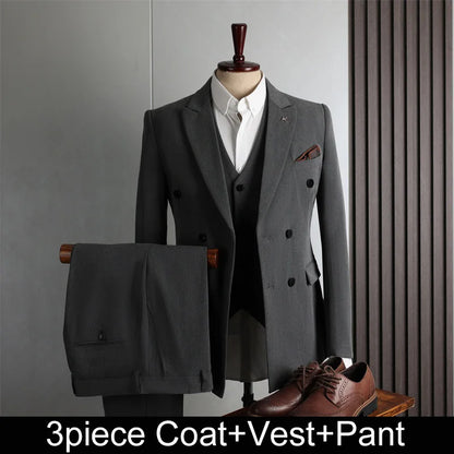 Man Suit Outfit Double-breasted Blazer Men V-neck Vest Straight-leg Pant Male Slim Business Wedding Three-piece Set