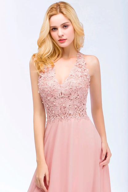 Vestido de Madrinha com Gola Halter Renda Pérolas Corpete Saia Longa até o Chão Chiffon Sexy Costas Abertas Roupa de Casamento