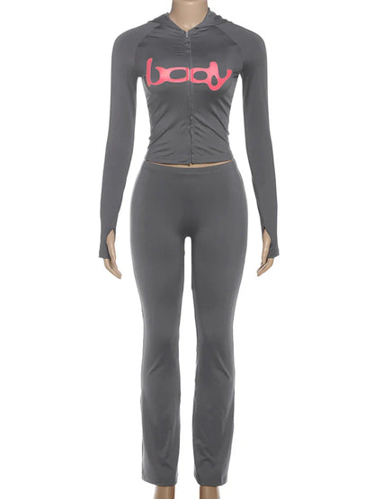 Letter Print 2 Piece Set Women Tracksuit Hooded Jacket+Leggings Matching Stretch Streetwear Casual Sporty Outfits