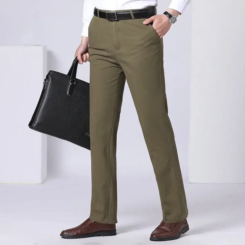 Men's Office-Ready 100% Cotton Casual Business Pants Autumn Thickened Summer Thin Solid Color Quick-Drying Work Trousers GOZBKF
