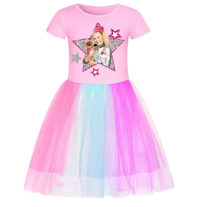 2025 Girls Princess Dress Kids Cute JOJO Siwa T Shirt Pleated Dresses Children Summer Vestidos Cartoon Birthday Party Clothes