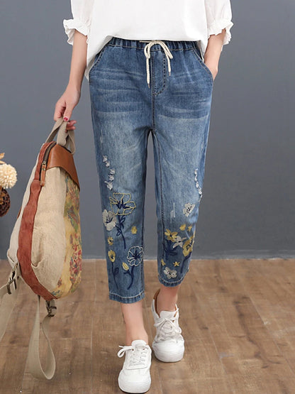 Summer Fashion Ladies Vintage Embroidery Jeans Women Casual Floral Denim Trousers Ripped Harem Pantalons