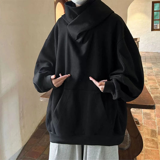 Moletom Masculino de Gola Alta Sólida Outono Ninja Moletom com Capuz Vintage Y2K de Lã Hip Hop Japonês Streetwear Oversized Hoodie