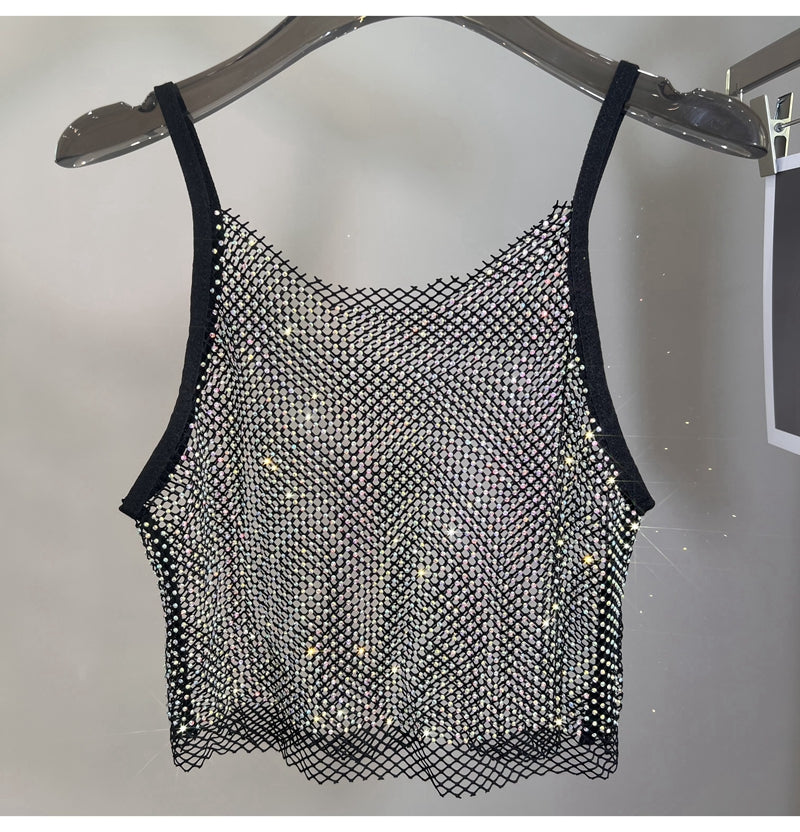 Summer New Mesh Diamond Crystal Short Halter Top AB Color Diamond Sexy Inner Shining Waistless Tops