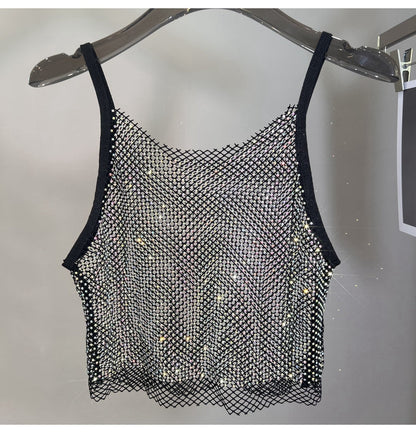 Summer New Mesh Diamond Crystal Short Halter Top AB Color Diamond Sexy Inner Shining Waistless Tops