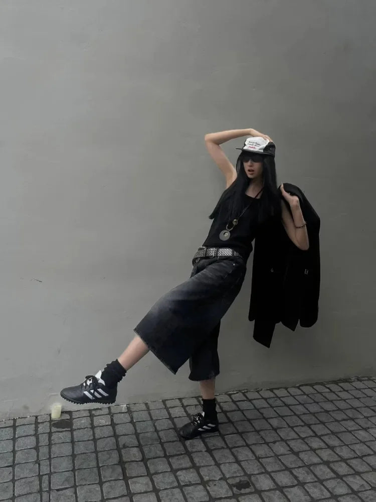 Women Black Y2k Style Baggy Denim Shorts Wide Leg Capri Pants