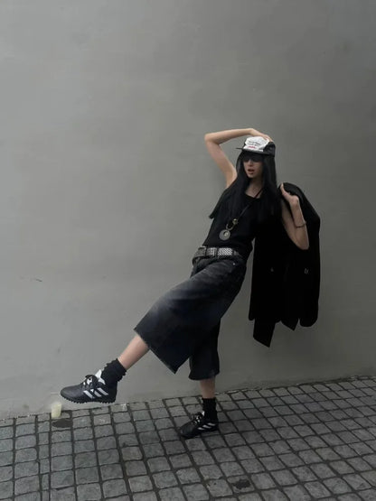 Women Black Y2k Style Baggy Denim Shorts Wide Leg Capri Pants
