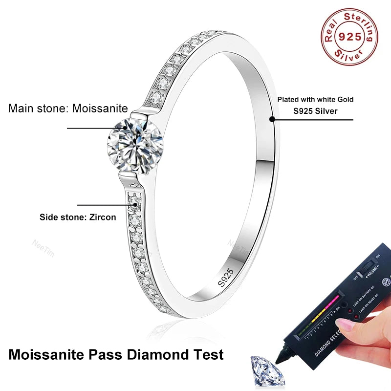 0.3ct 4mm D VVS1 Moissanite Rings for Women Sparkling Wedding Eternity Bands S925 Sterling Silver Jewelry Classic Ring