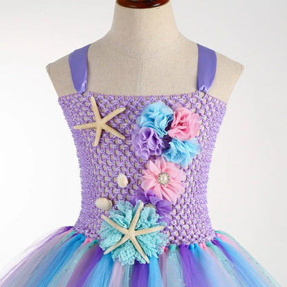 1-12 anos Vestido Tutu de Sereia Fofo com Apliques de Estrela-do-mar Coral, Vestido de Princesa Elegante Ombro a Ombro, Vestido Bufante para Festa de Aniversário de Criança