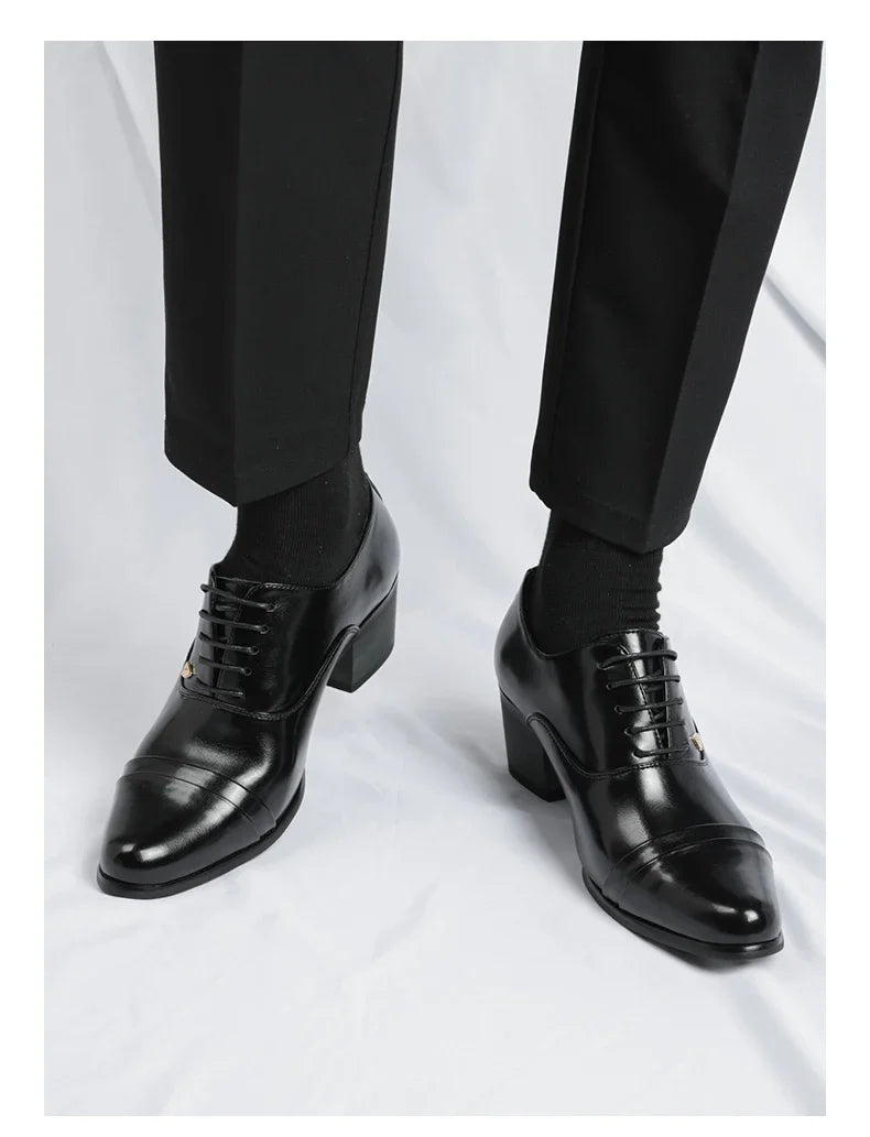 Premium leather men shoes slip on loafers European brand business casual wedding party plaid design height increasing