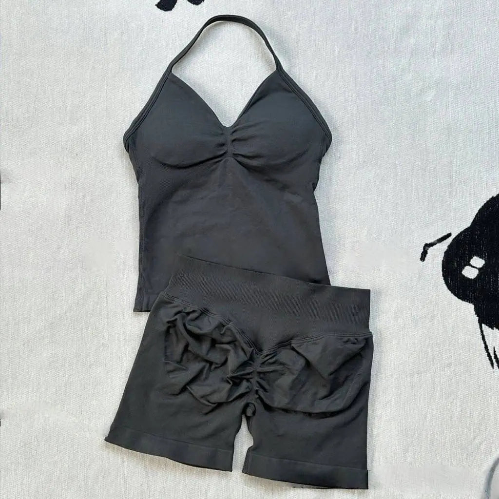 Women Gym Suit Clothes Longline Strappy Top Bras Seamless Running Shorts Sports 2 PCs Fitness Suit Running Workout Yoga Set