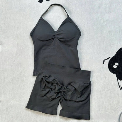 Women Gym Suit Clothes Longline Strappy Top Bras Seamless Running Shorts Sports 2 PCs Fitness Suit Running Workout Yoga Set