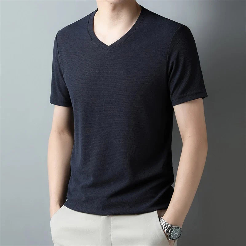 2024 Men's Waffle V Neck Short Sleeve T-Shirt Summer Comfortable Breathable Fashion Top in Solid Colors
