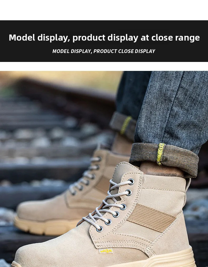 Men's Winter Wool Velvet Cotton Safety Work Shoes High Top Steel Toe Insulated Labor Protection Construction Shoes