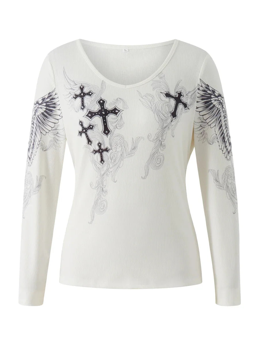 Y2k Graphic Cross Wings Print Long Sleeve Women Grunge Fairy T-shirt Harajuku Tee 2000s Aesthetic Punk Style Clothes Streetwear