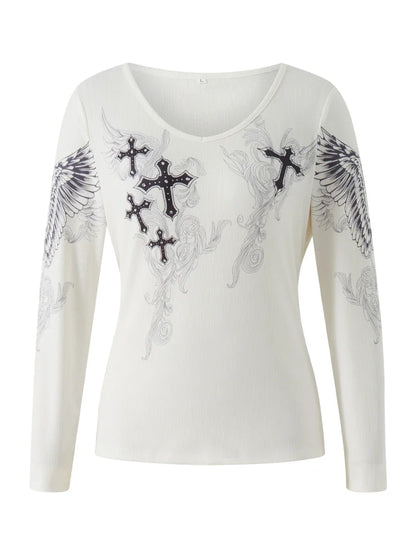 Y2k Graphic Cross Wings Print Long Sleeve Women Grunge Fairy T-shirt Harajuku Tee 2000s Aesthetic Punk Style Clothes Streetwear