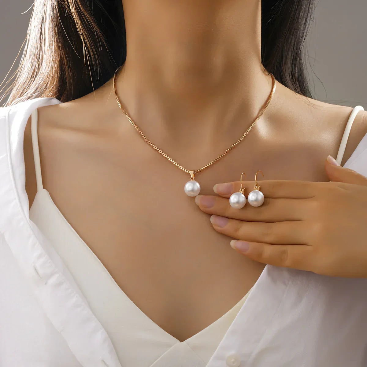 3 Pcs/Set Round Pearl Pendant Necklace For Women Exquisite Fashion Rhinestone Double  Earring Wedding Jewelry Set Gift