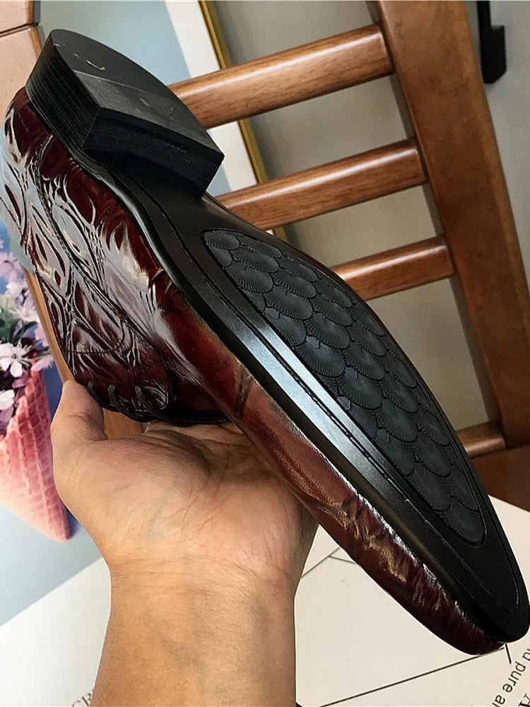 Business Men Crocodile Pattern Cowhide Genuine Leather Dress Shoes Lace Up Pointed Toe Derby Shoes Spring Wedding Formal Shoes