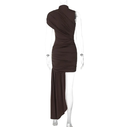 Irregular Draped Ruched Sexy Mini Dress For Women Turtleneck Sleeveless Pleated Slim Party Dress Female Holiday Beach Dresses